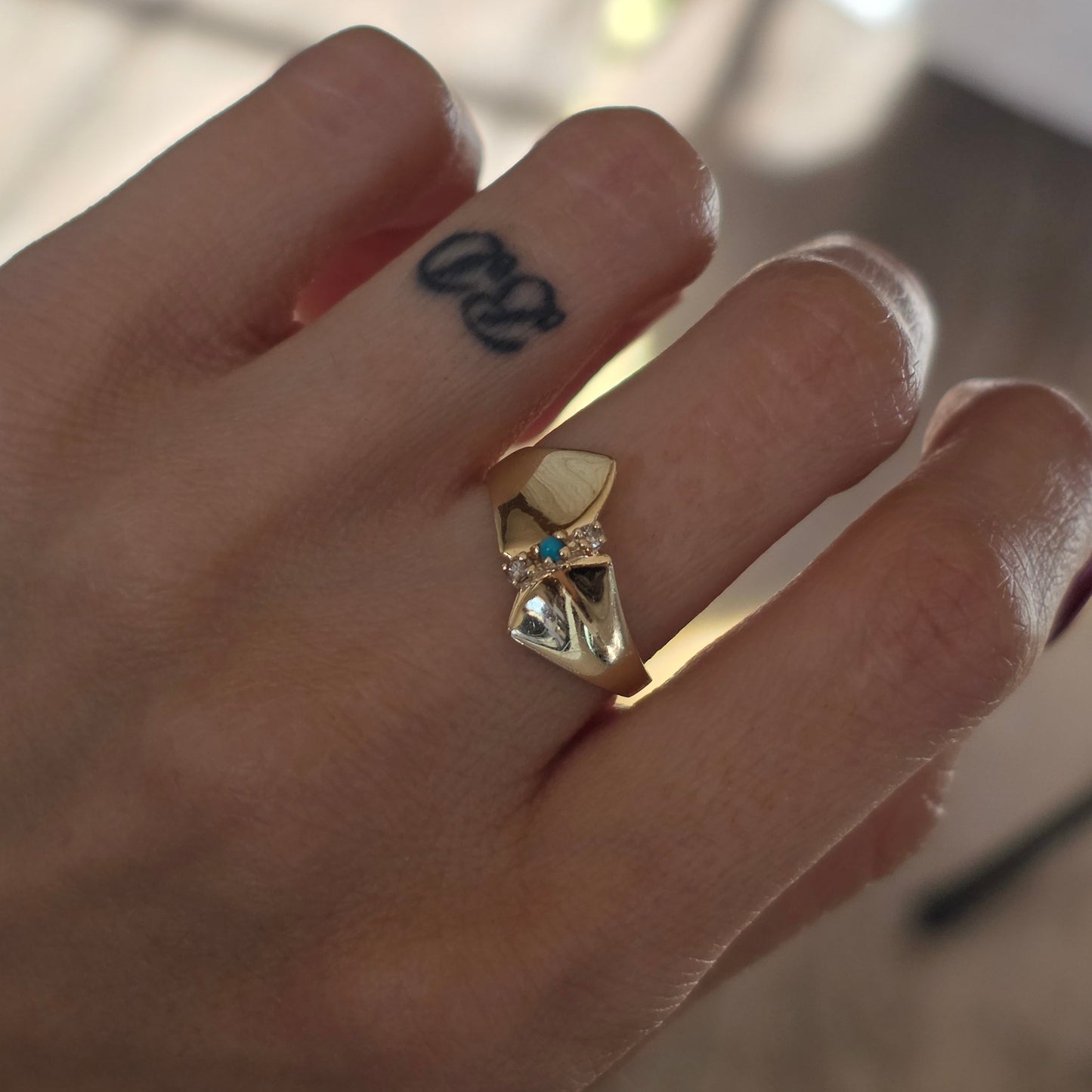 14k Gold Turquoise and Diamond Bow Wide Statement Ring Size 6.75