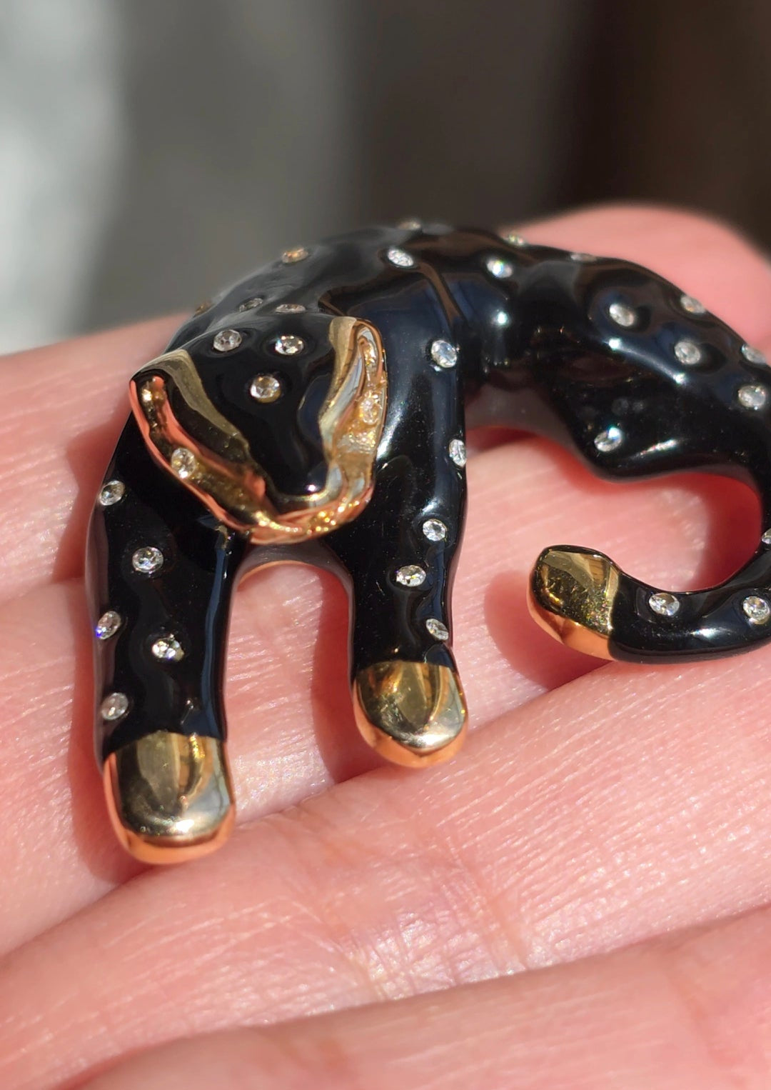 Amazing Black Enamel 14k Gold + White Sapphire /Topaz Panther Slide Pendant (NO CHAIN)
