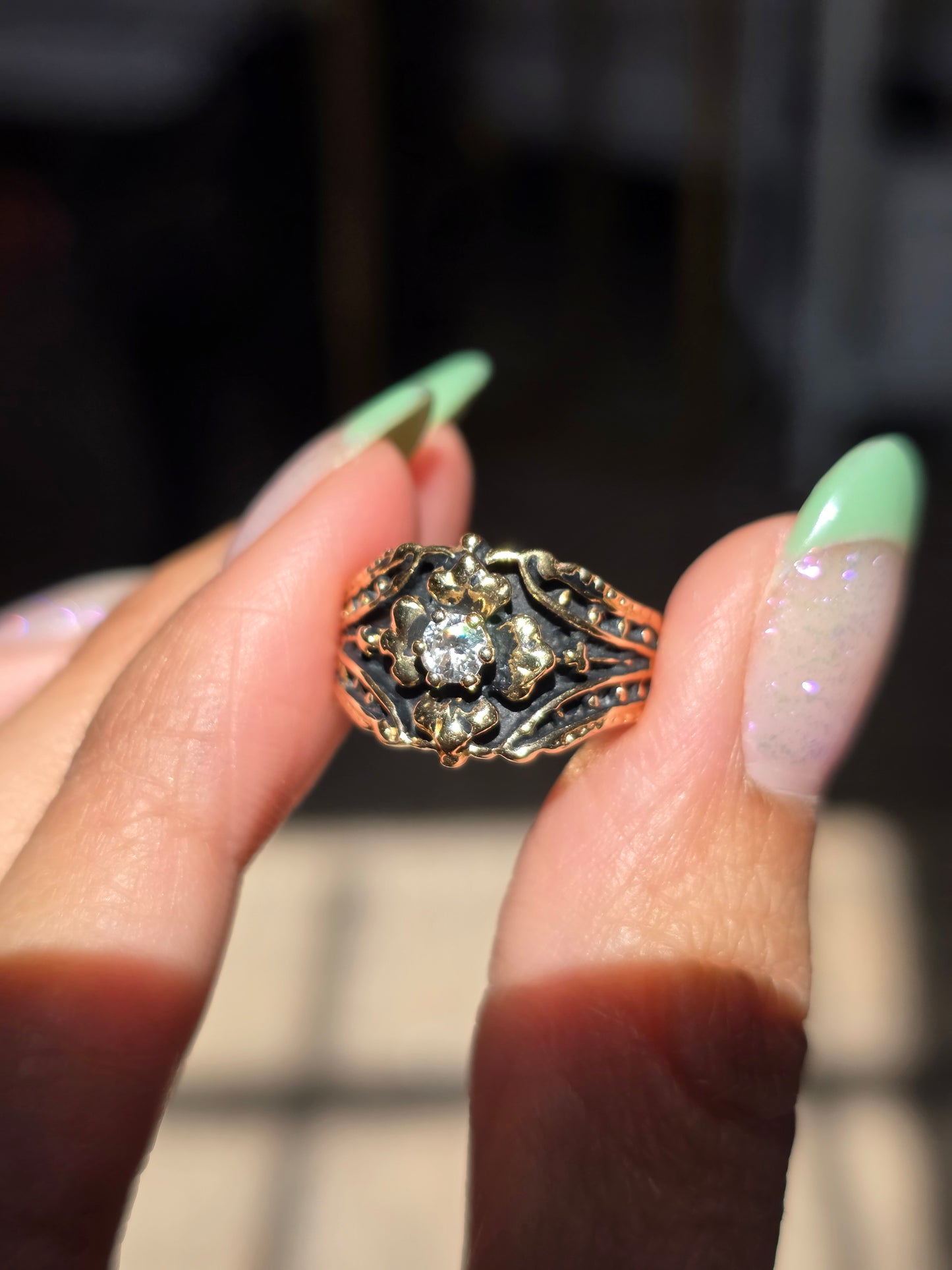 Awesome 14k Gold Diamond Blacked Out Oxidized Flower Statement Ring Size 4.5