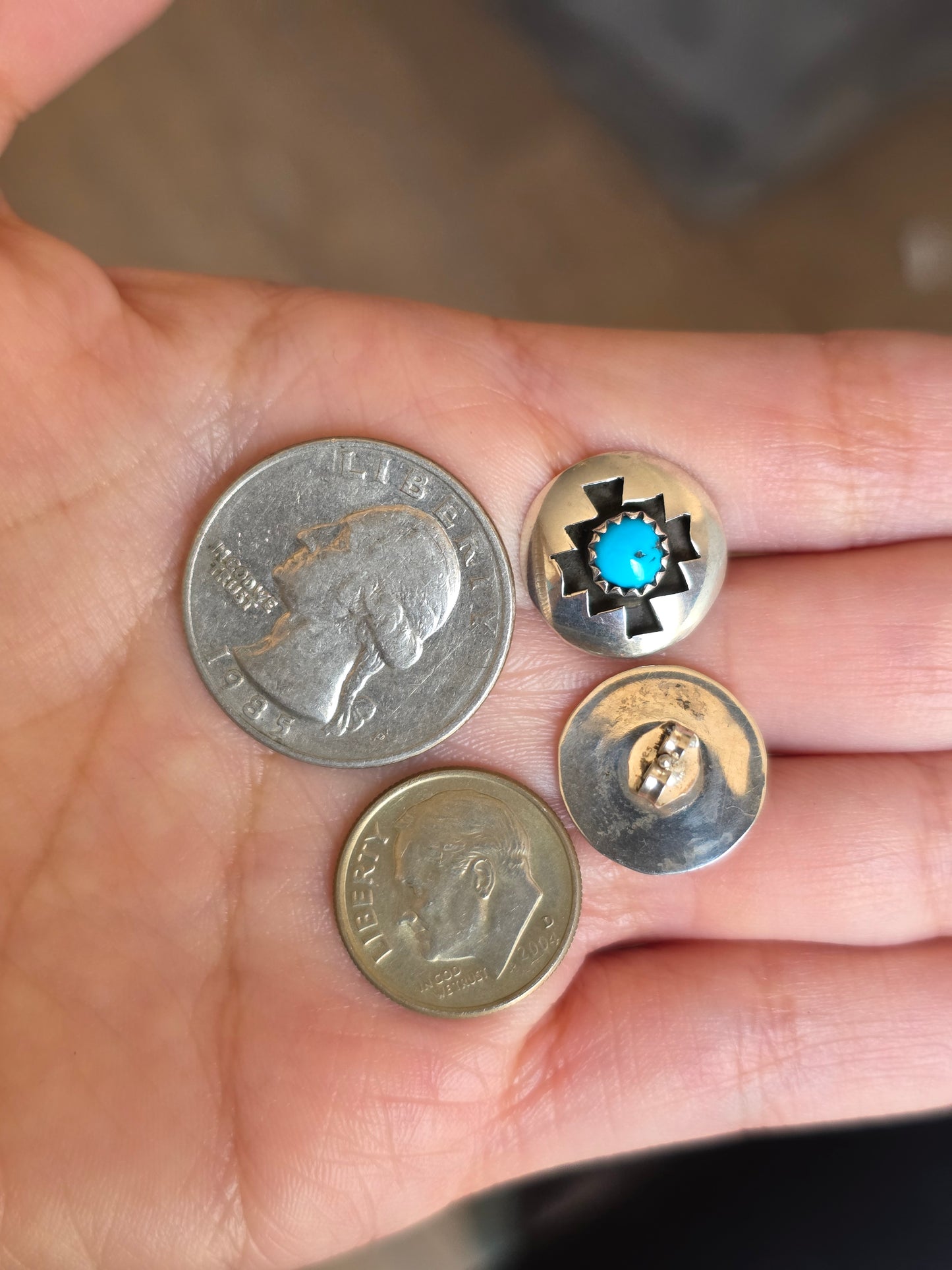 Sterling Silver Navajo Style ShadowBox Turquoise Round Button Stud Earrings