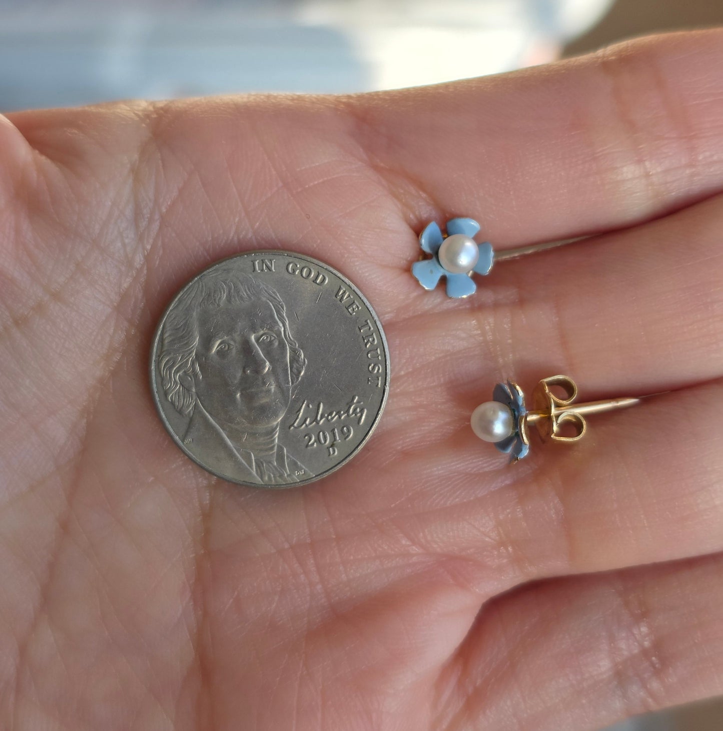 Precious 14k Blue Enamel & Pearl Dainty Flower Stud Earrings