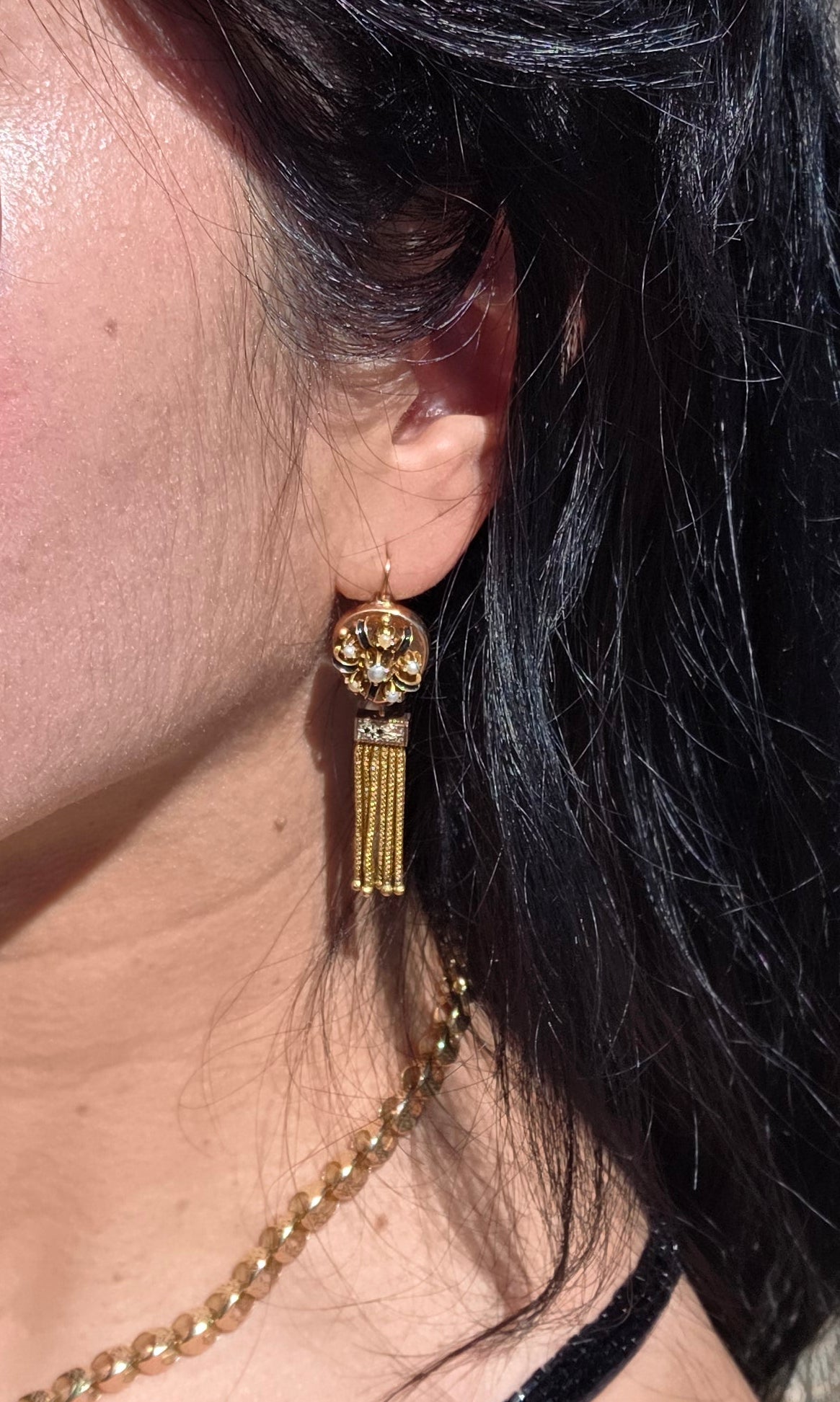 Stunning Victorian Style 14k/10k Seed Pearl & Black Enamel 2-In-1 Convertible Dangle Earrings