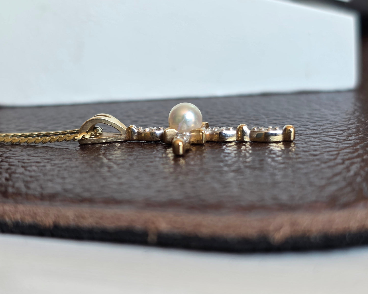 Pretty Pearl and Diamond 14k Gold Cross Pendant (NO CHAIN)