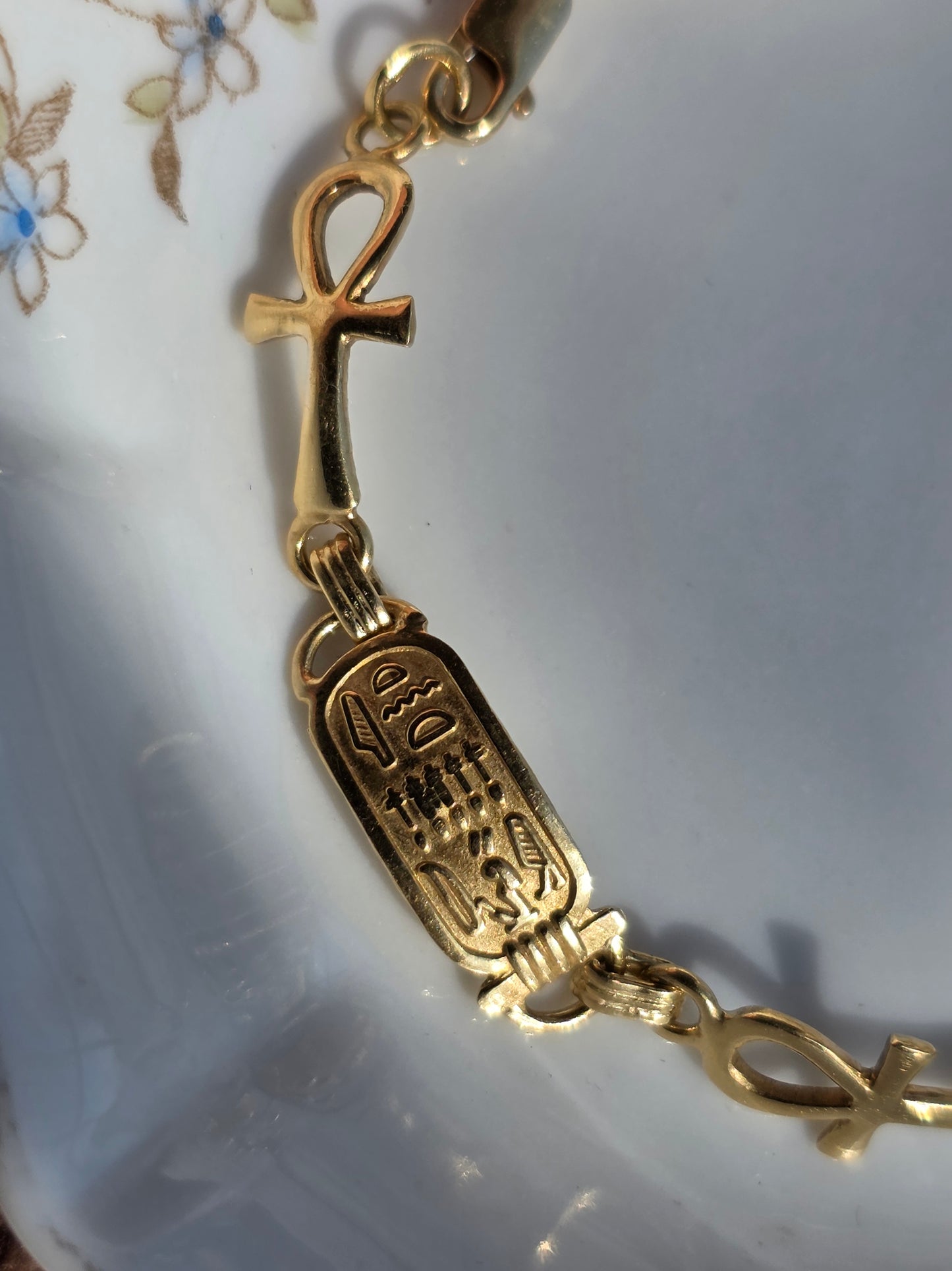 Solid 18k Gold Egyptian Cartouche & Ankh Cross Panel Bracelet 7.5"