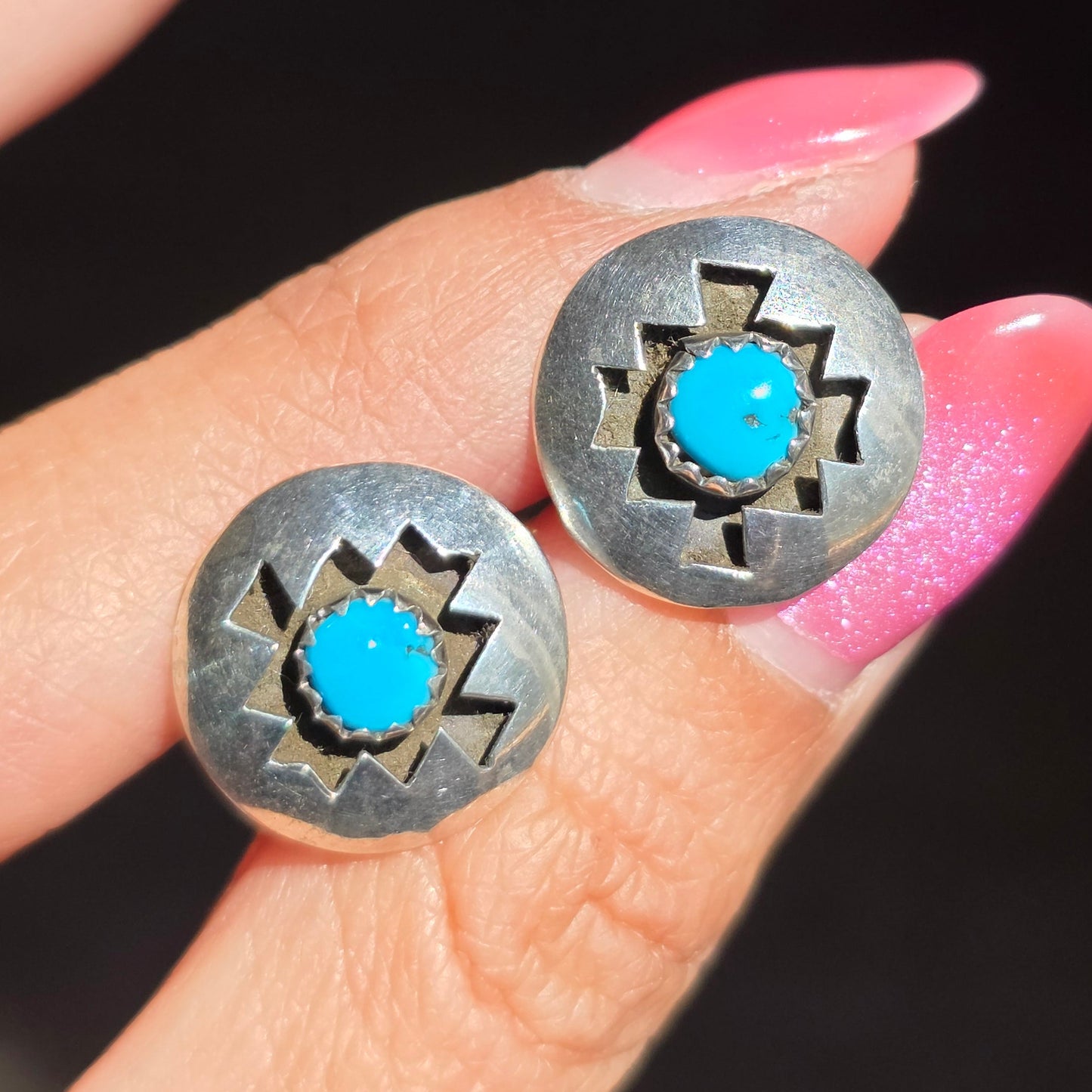 Sterling Silver Navajo Style ShadowBox Turquoise Round Button Stud Earrings