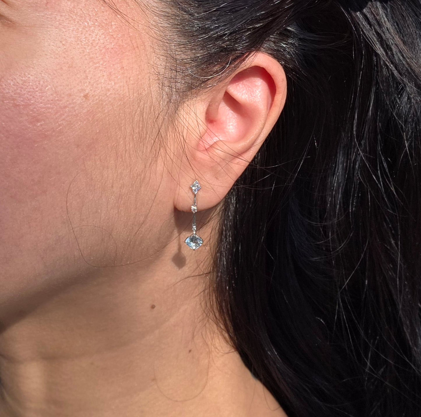 Elegant 14k White Gold Aquamarine & White Topaz Drop Dangle Earrings | March Birthstone