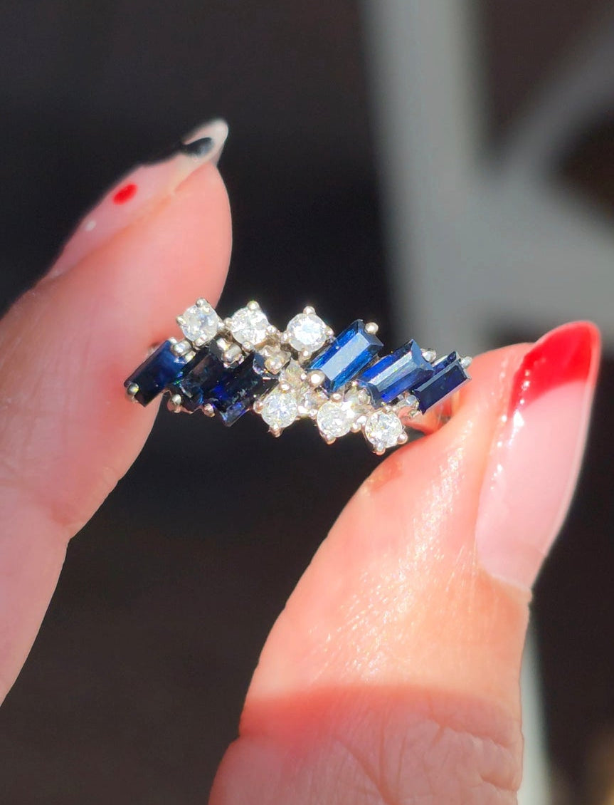 Vintage 14k White Gold .57TCW Midnight Blue Sapphire and Diamond Cascade Cluster Ring Size 6