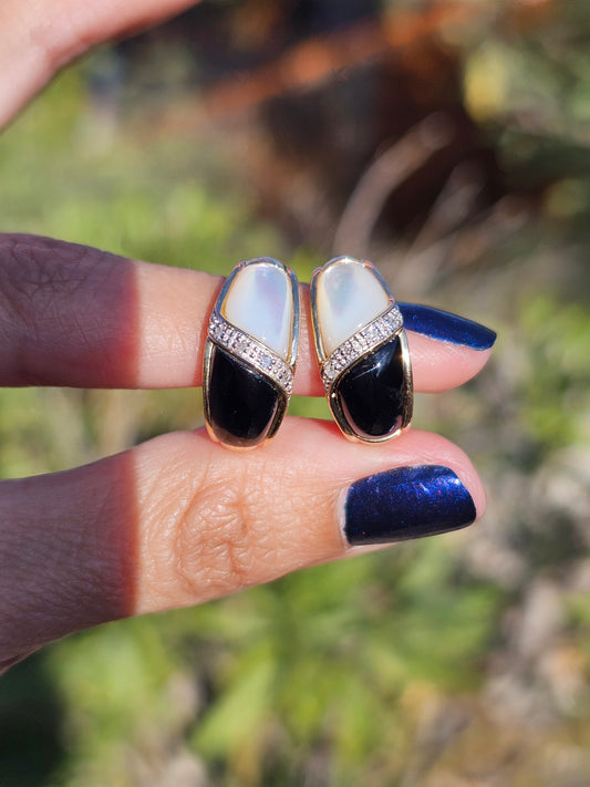 14K Onyx & Mother of Pearl Diamond Statement Earrings