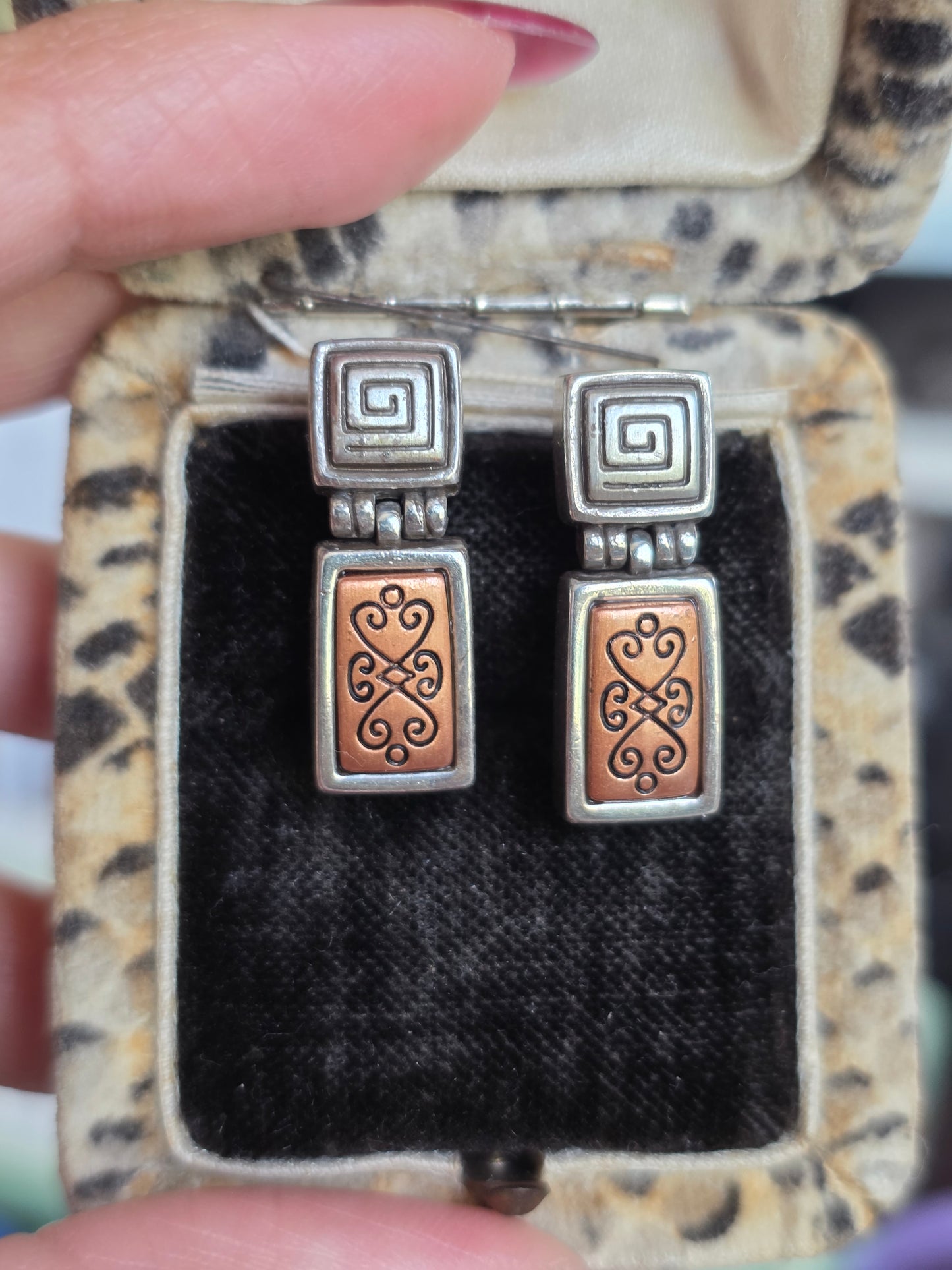 Vintage Heavy Sterling Silver & Copper Accented Scroll Drop Earrings