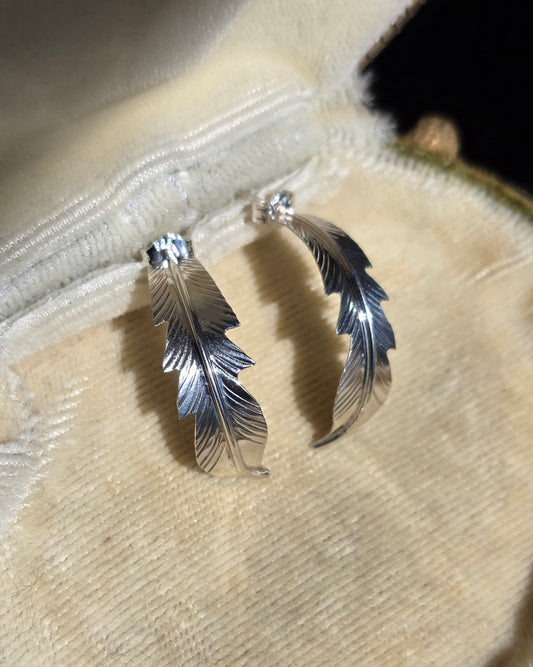 Sterling Silver Curved Feather Half Hoops Earrings