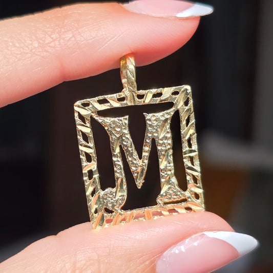 14k Gold 1.1" Larger Diamond Cut M Initial Letter Pendant (NO CHAIN)