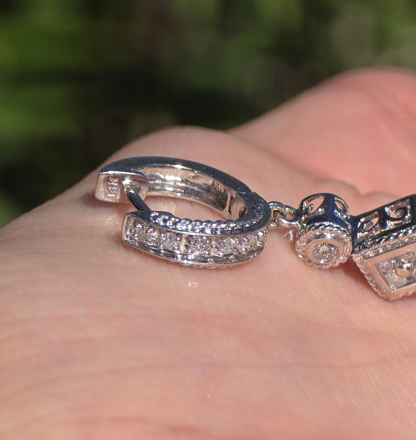 Lovely 14k White Gold Diamond Huggie Drop Dangle Geometric Earrings