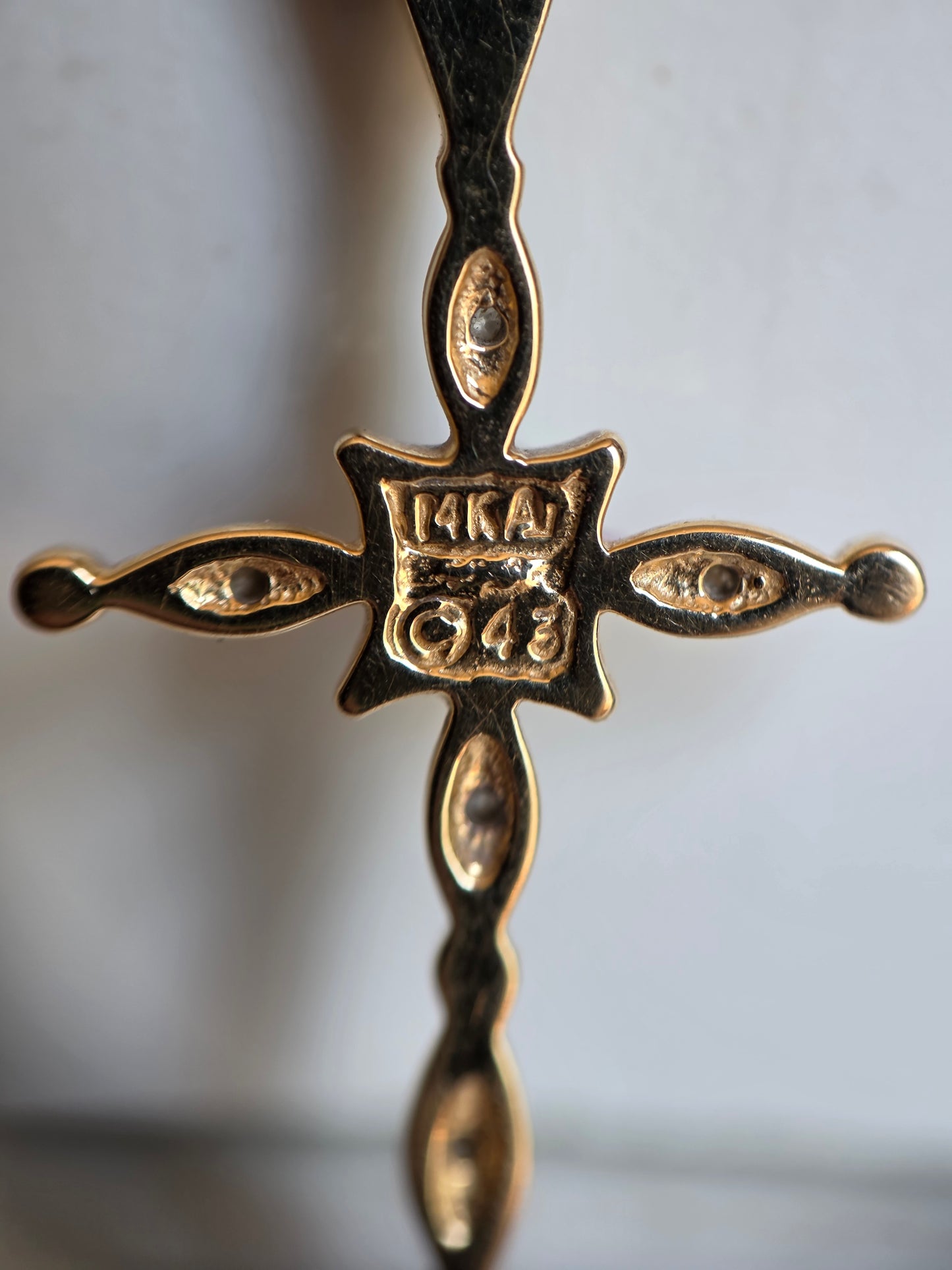 Pretty Pearl and Diamond 14k Gold Cross Pendant (NO CHAIN)