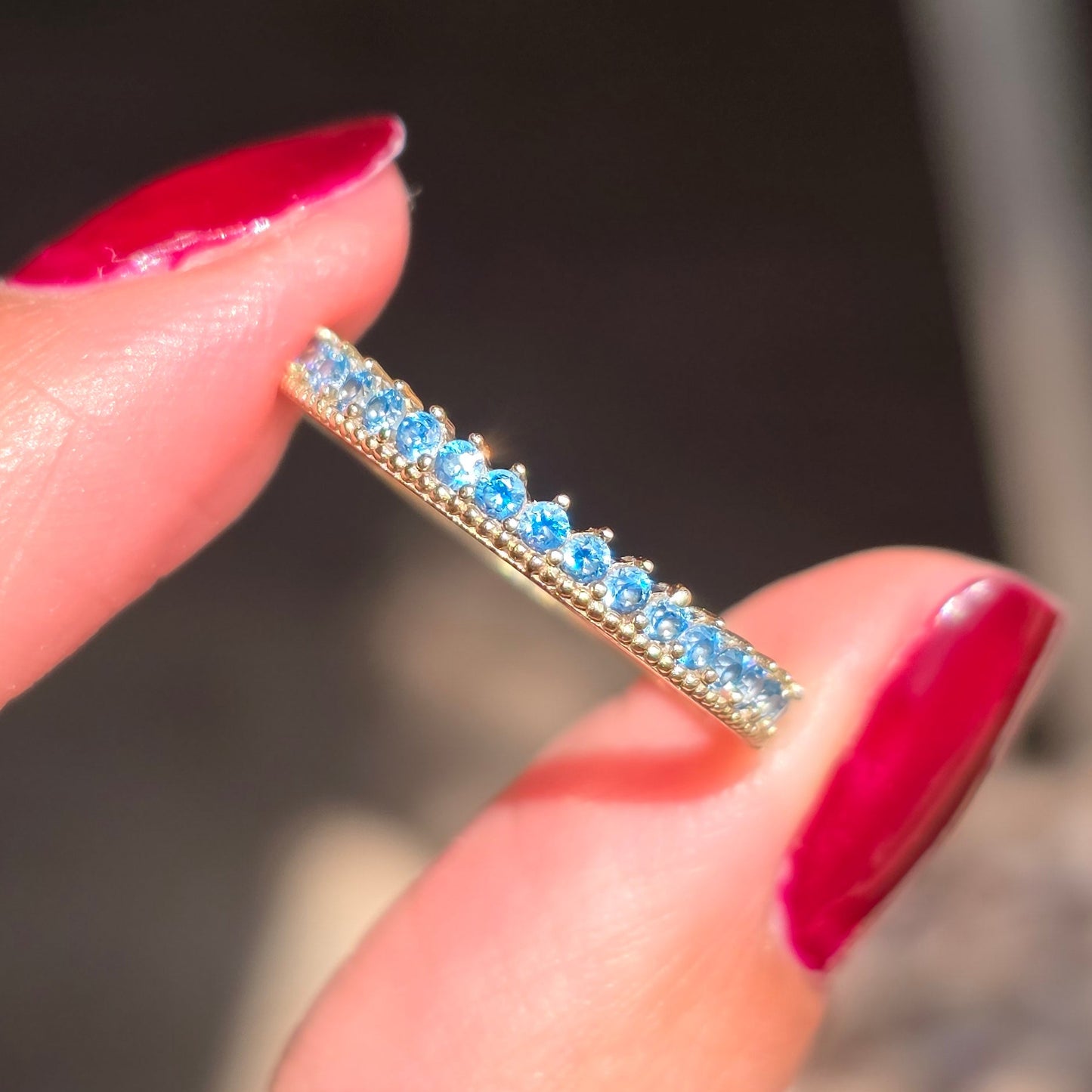 Beautiful 10k Gold 3/4 Eternity Blue Tourmaline .75CTW Gemstone Stacker Ring Size 7