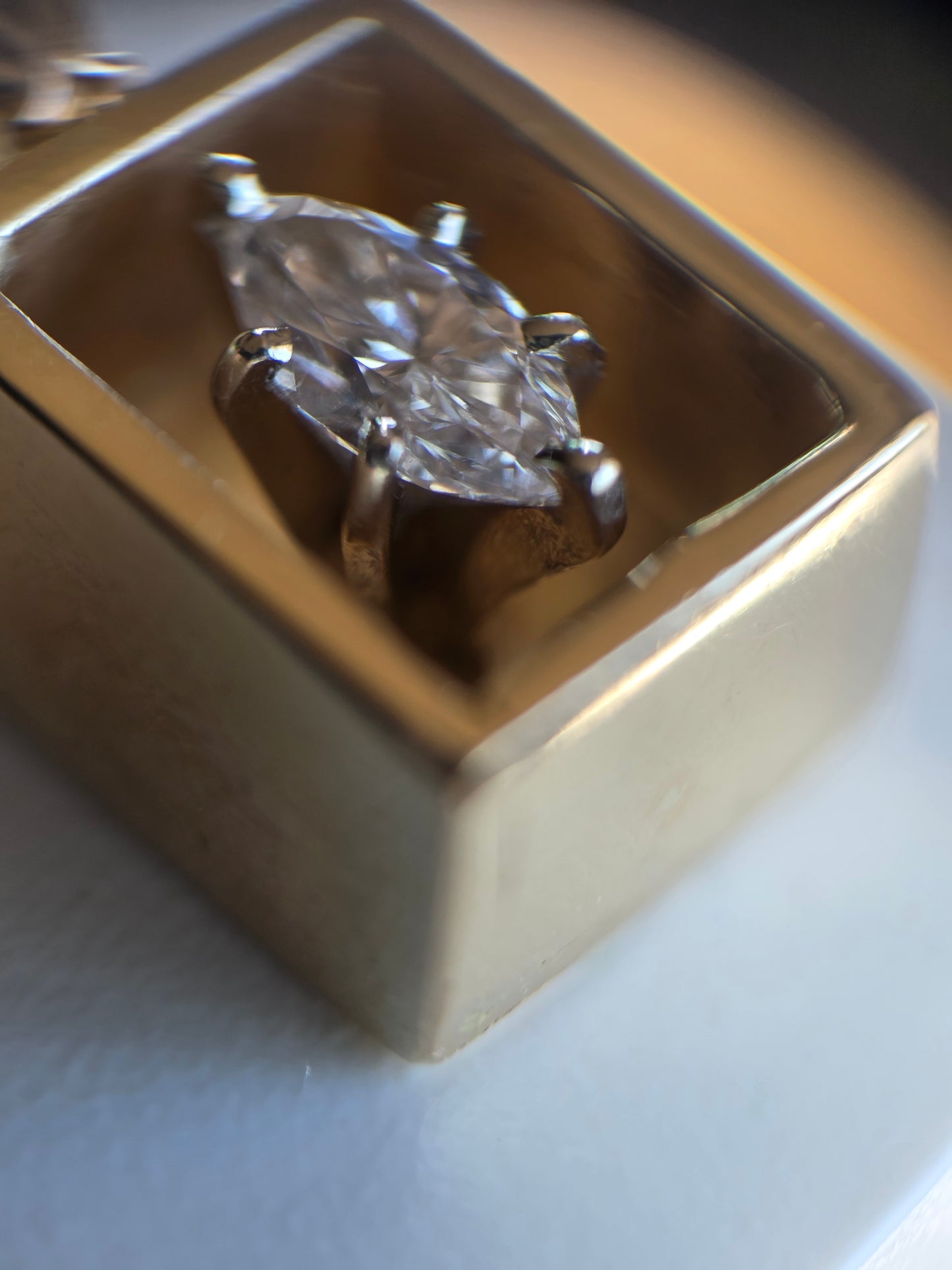 Gorgeous 14k Solid Gold Hefty Shadow Box Framed Marquise Diamond Pendant With Dainty Box Chain 18"