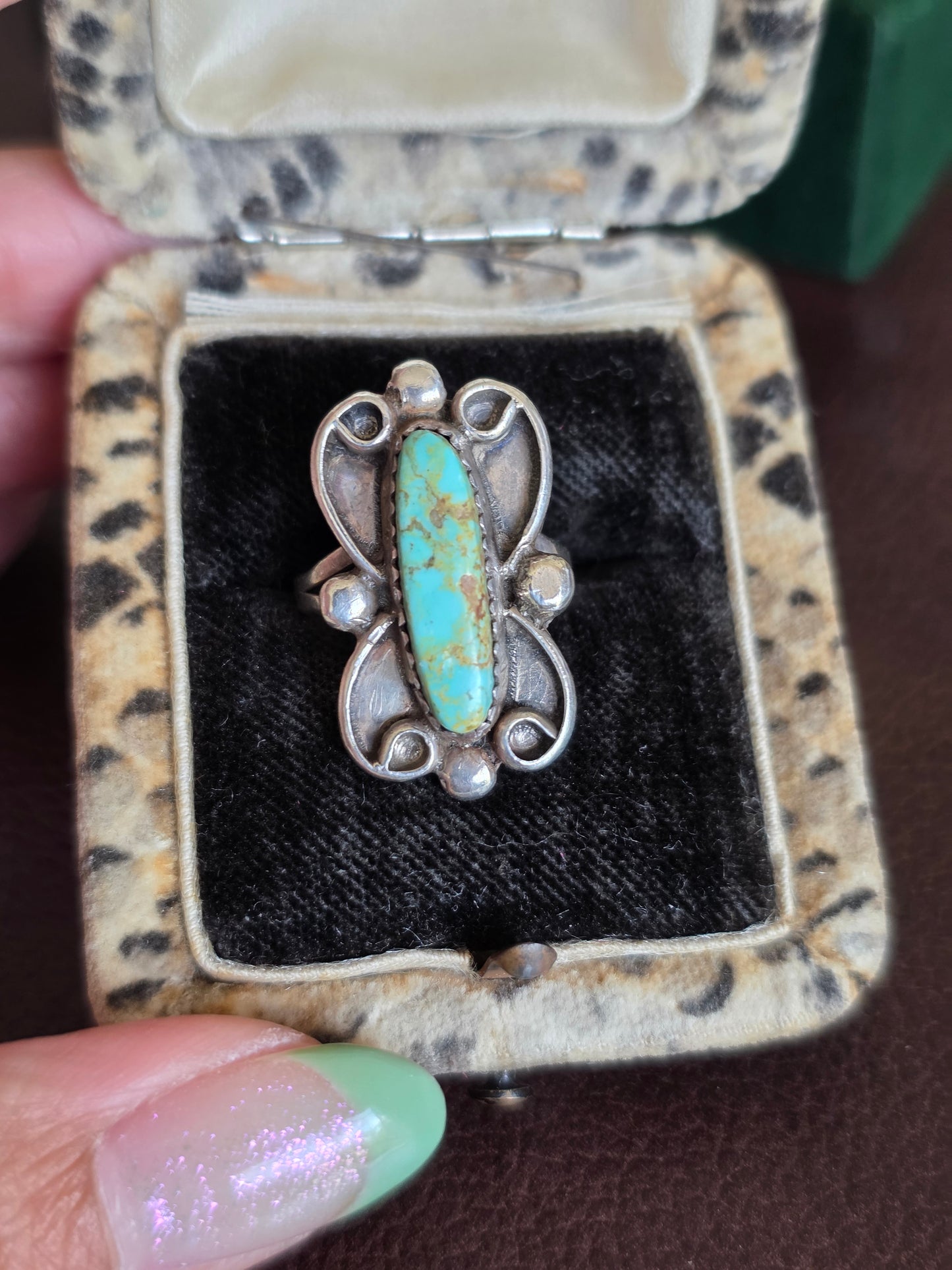 Vintage Navajo Style Signed RB Elongated Royston Turquoise Gemstone Sterling Silver Statement Ring Size 5.5