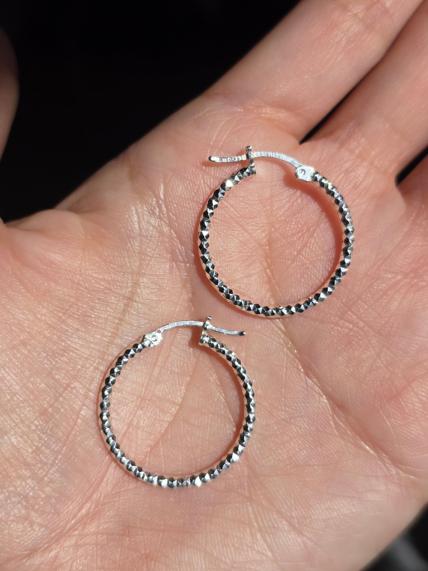 Medium 24mm Textured Sparkling Sterling Silver Hoops Earrings