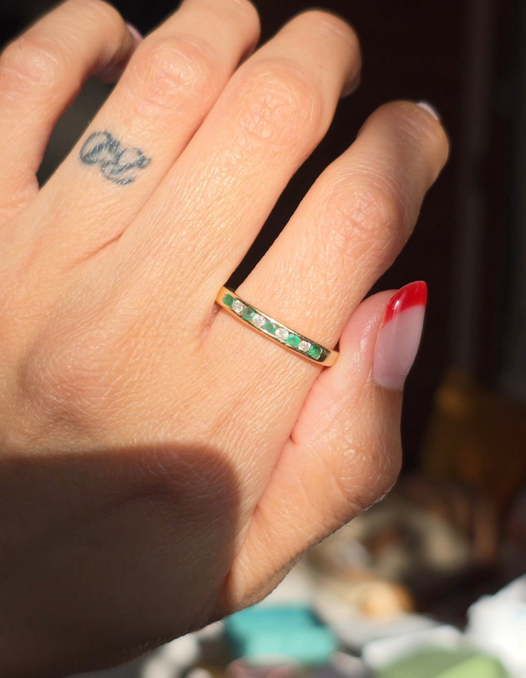 Lovely 10k Gold Channel Set Emerald and Diamond Stacker Band Ring Size 8.75