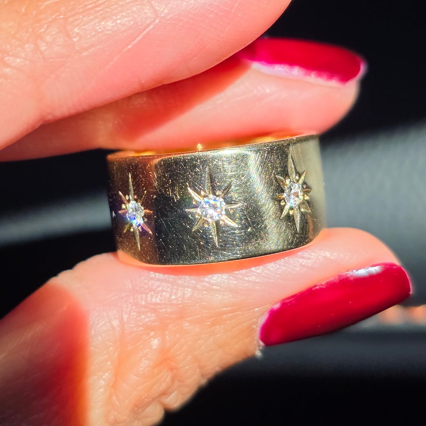 Gorgeous 14k Gold Starset Diamond Starburst Wide 10mm Chunky Cigar Band Hefty Ring Size 7