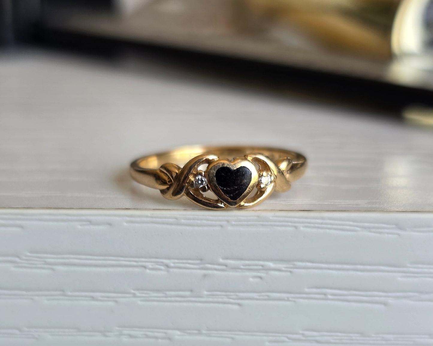 Adorable 14k Kabana Black Enamel Heart Diamond Ring Size 6