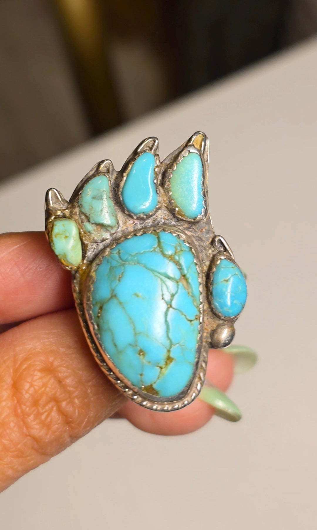 Vintage Signed MAJ Native American Turquoise Bear Claw/Paw Print Sterling Silver Solid Statement Ring Size 5
