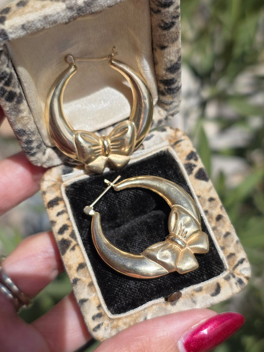 Adorable Vintage 14k Gold Bow Hoop Earrings 1.2"