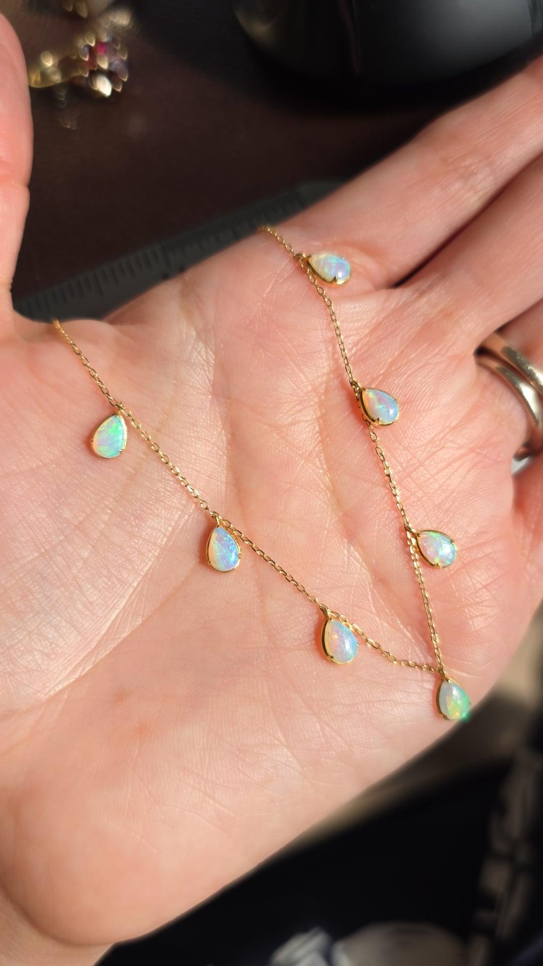 18k Golden Drops Of Fire Opal Dangle Delicate Necklace 15"