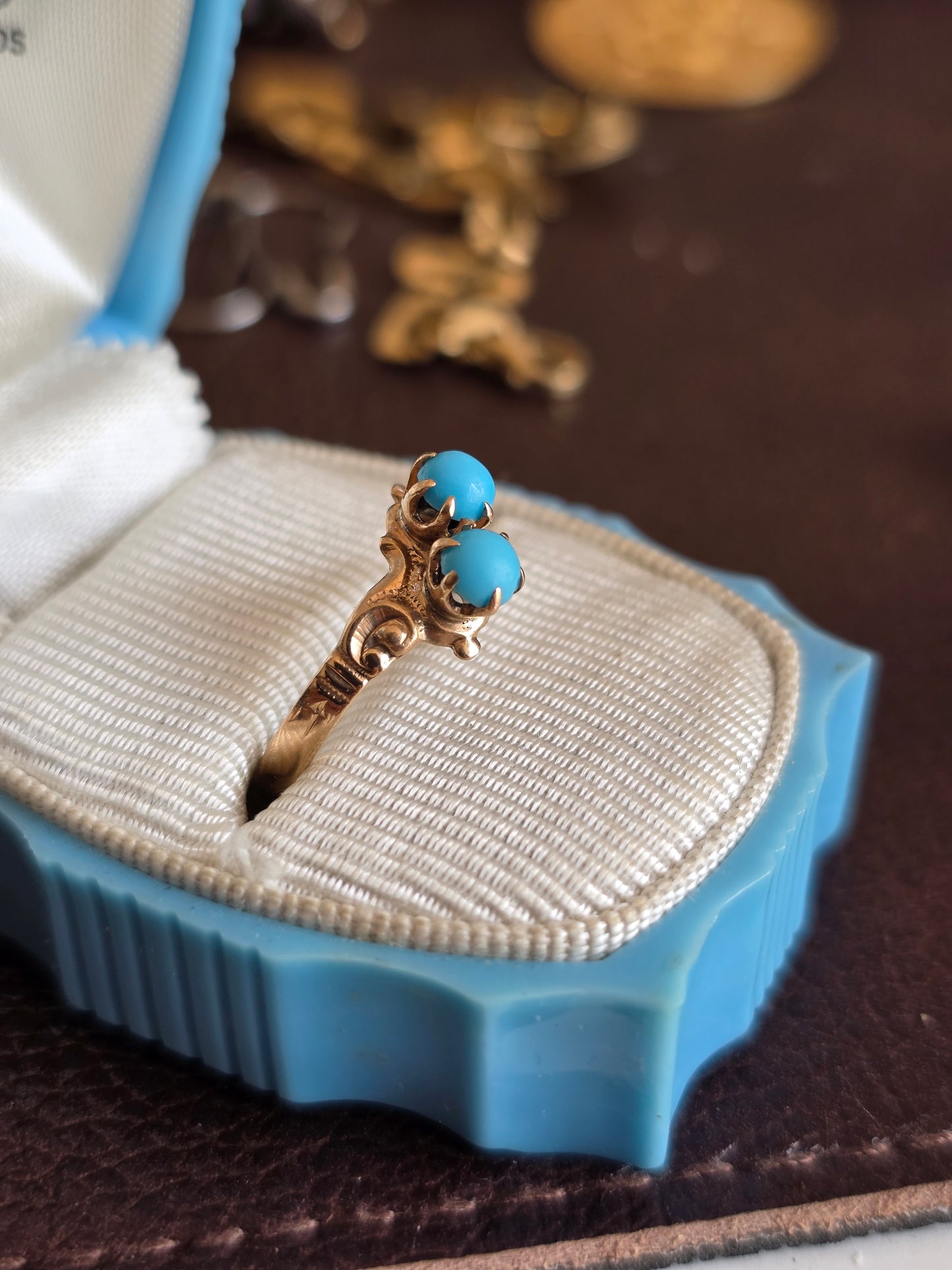 Gorgeous 10k Victorian Style Toi Et Moi Turquoise Ring Size 5