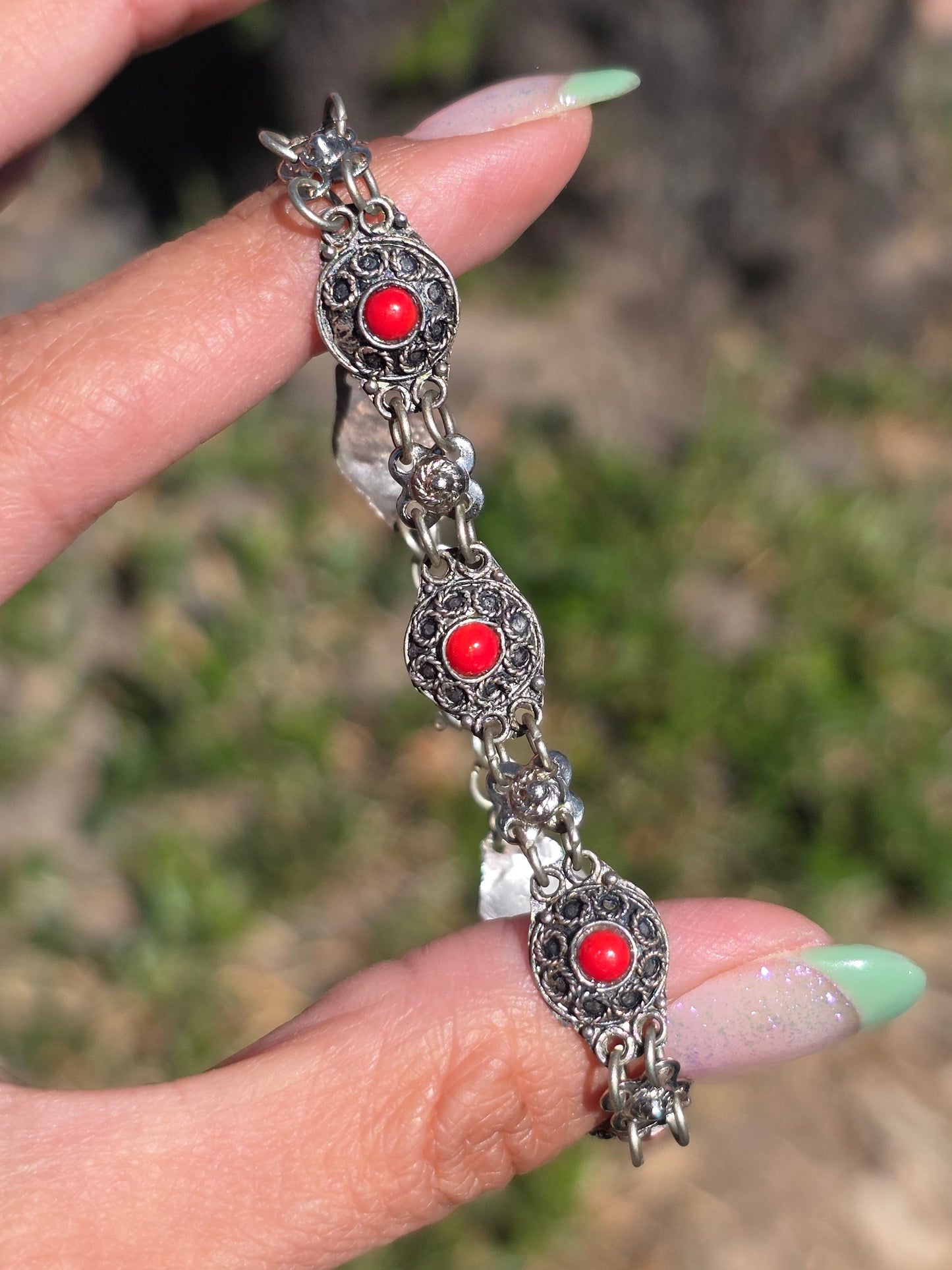 Pretty Sterling Silver Synthetic Red Coral Bracelet 7"