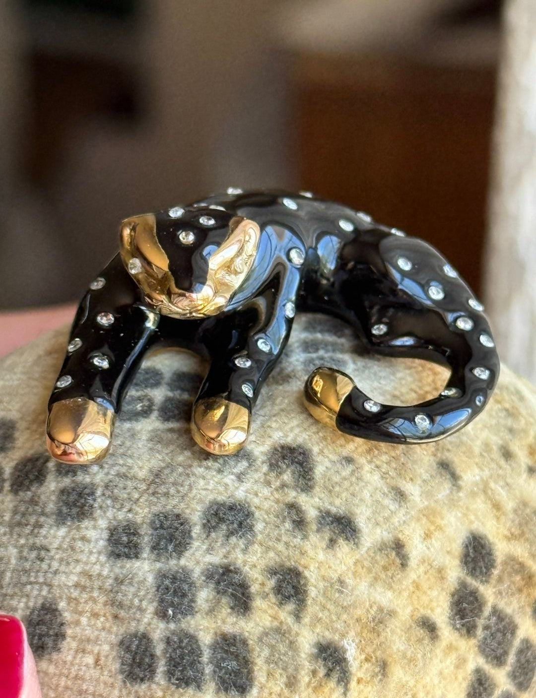 Amazing Black Enamel 14k Gold + White Sapphire /Topaz Panther Slide Pendant (NO CHAIN)