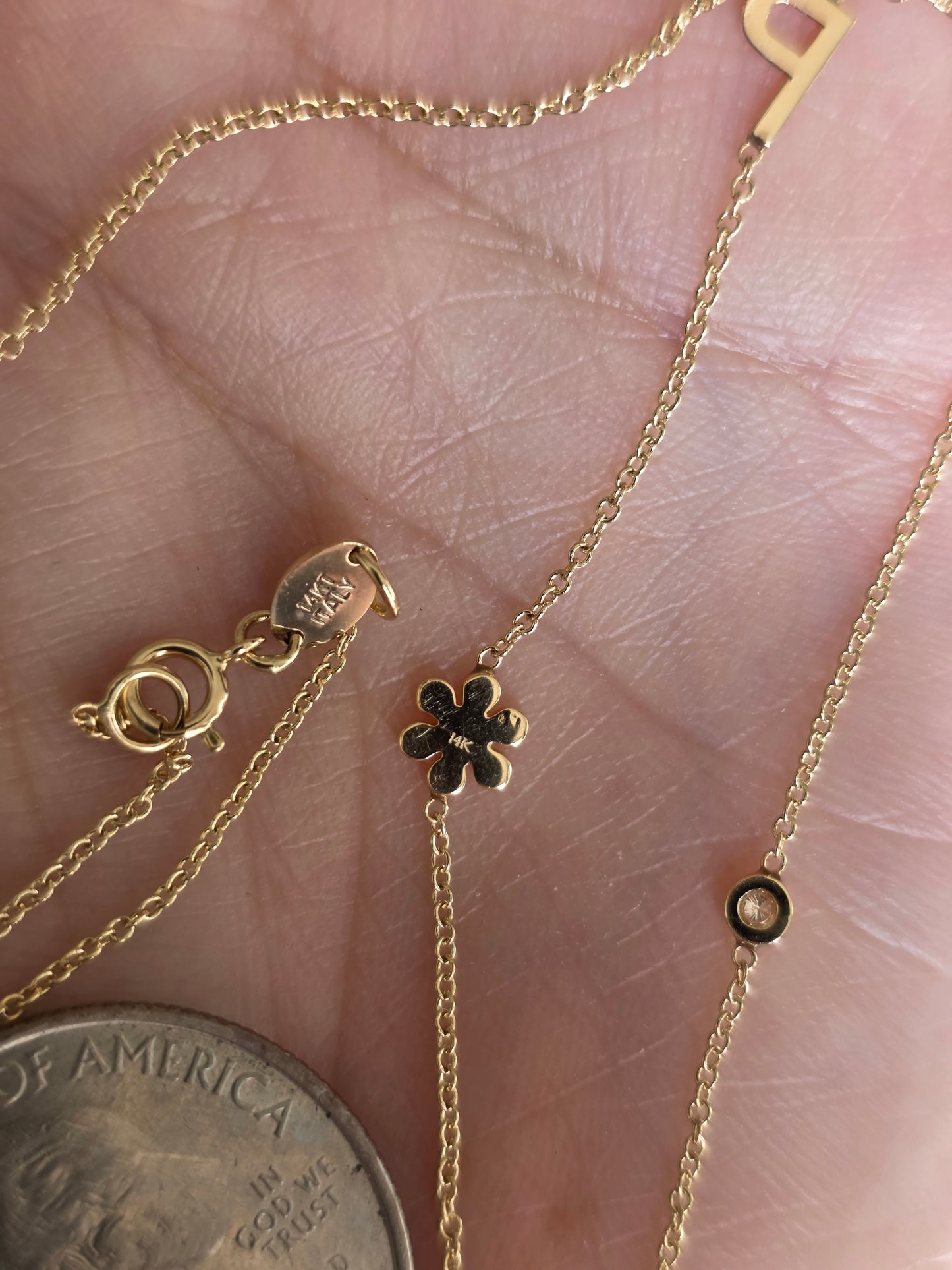 Lovely 14k Gold "NMP" Initial Station Diamond Flower / Bezel Diamond Necklace 16"/18"