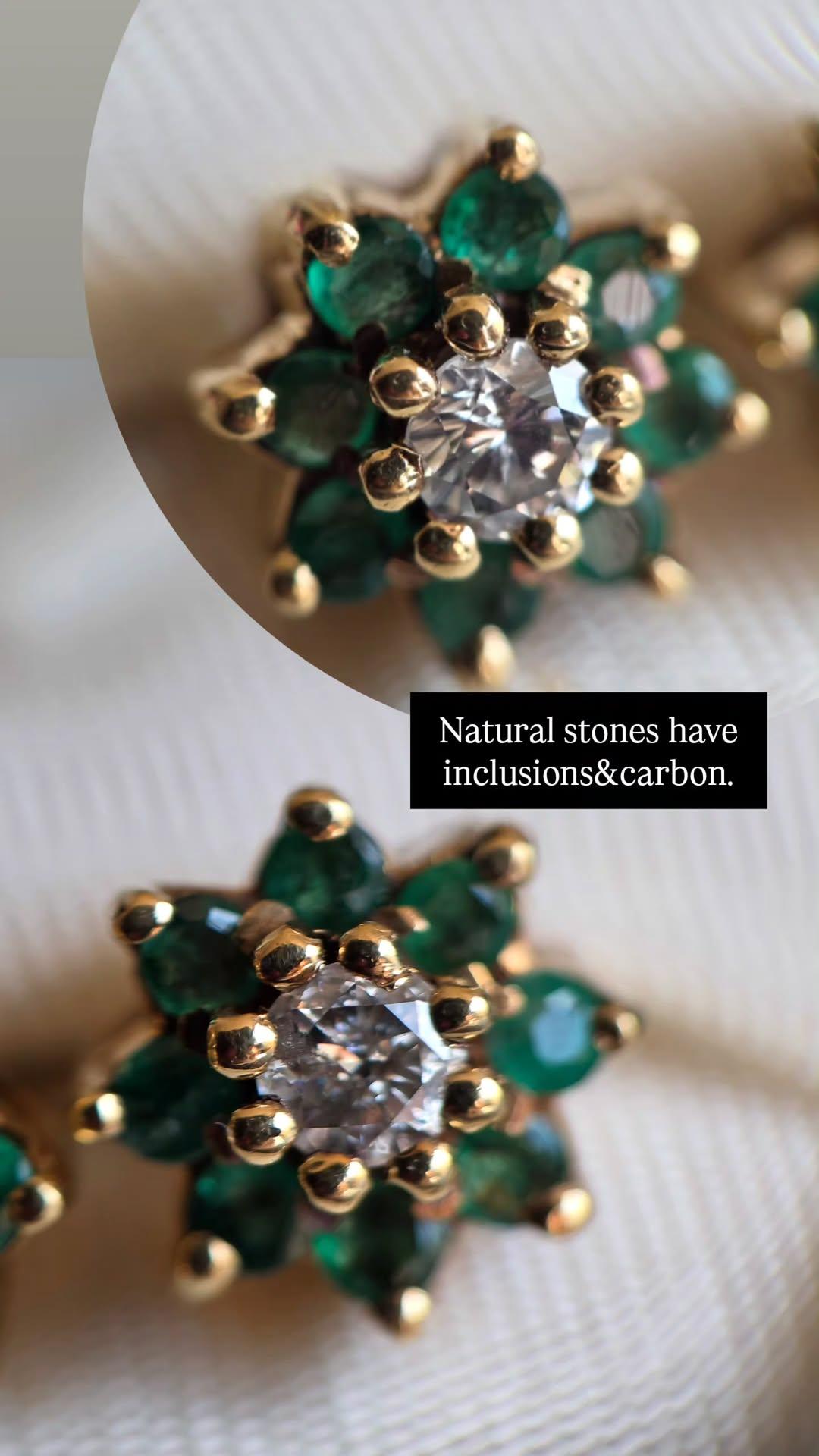 Gorgeous 18k Gold Natural Emerald and Diamond Cluster Flower Stud Earrings
