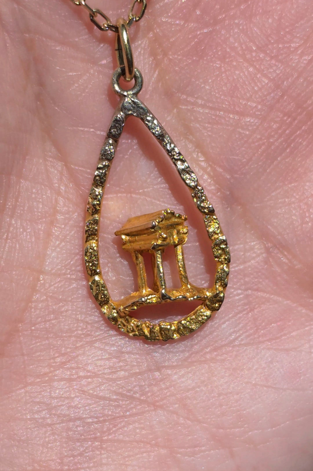 #10- 10k Gold 3D Greek Temple Inside Tear Drop Nugget 2T Ombre Frame Charm (NO CHAIN)