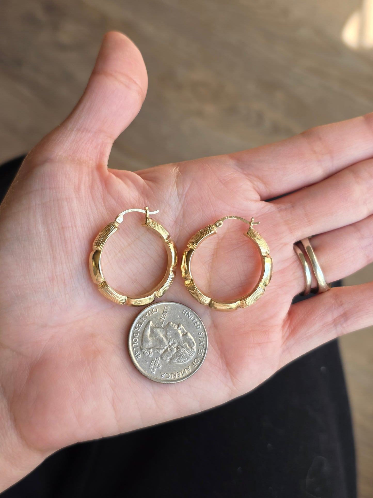 10k Gold Bamboo Style Hoops Earrings