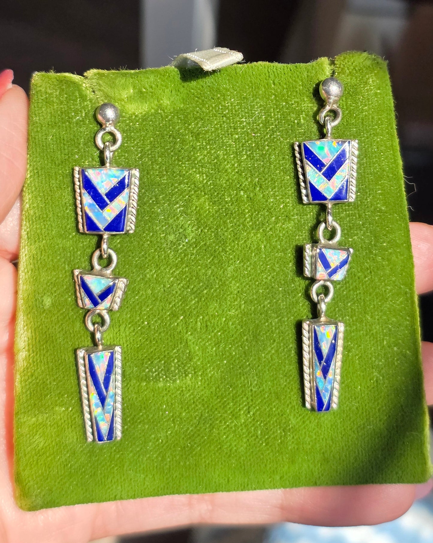 Beautiful Sterling Silver Lapis Lazuli & Opal Inlay Geometric Zuni Dangle Statement Earrings