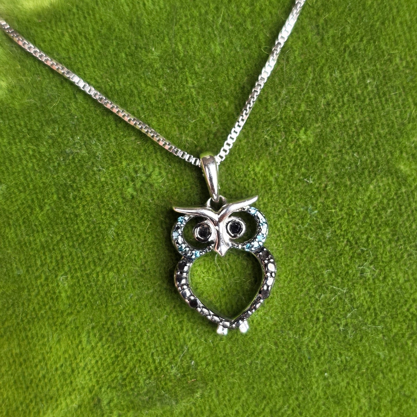 Adorable Black & Blue Diamond Accented Owl Sterling Silver Pendant Necklace 18" Box Chain