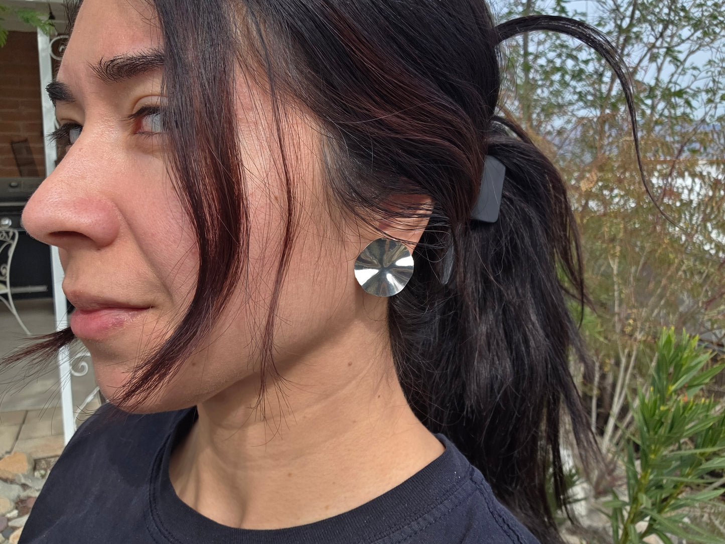 Sterling Silver Round Wavy Disc 24mm Wide Button Stud Statement Earrings