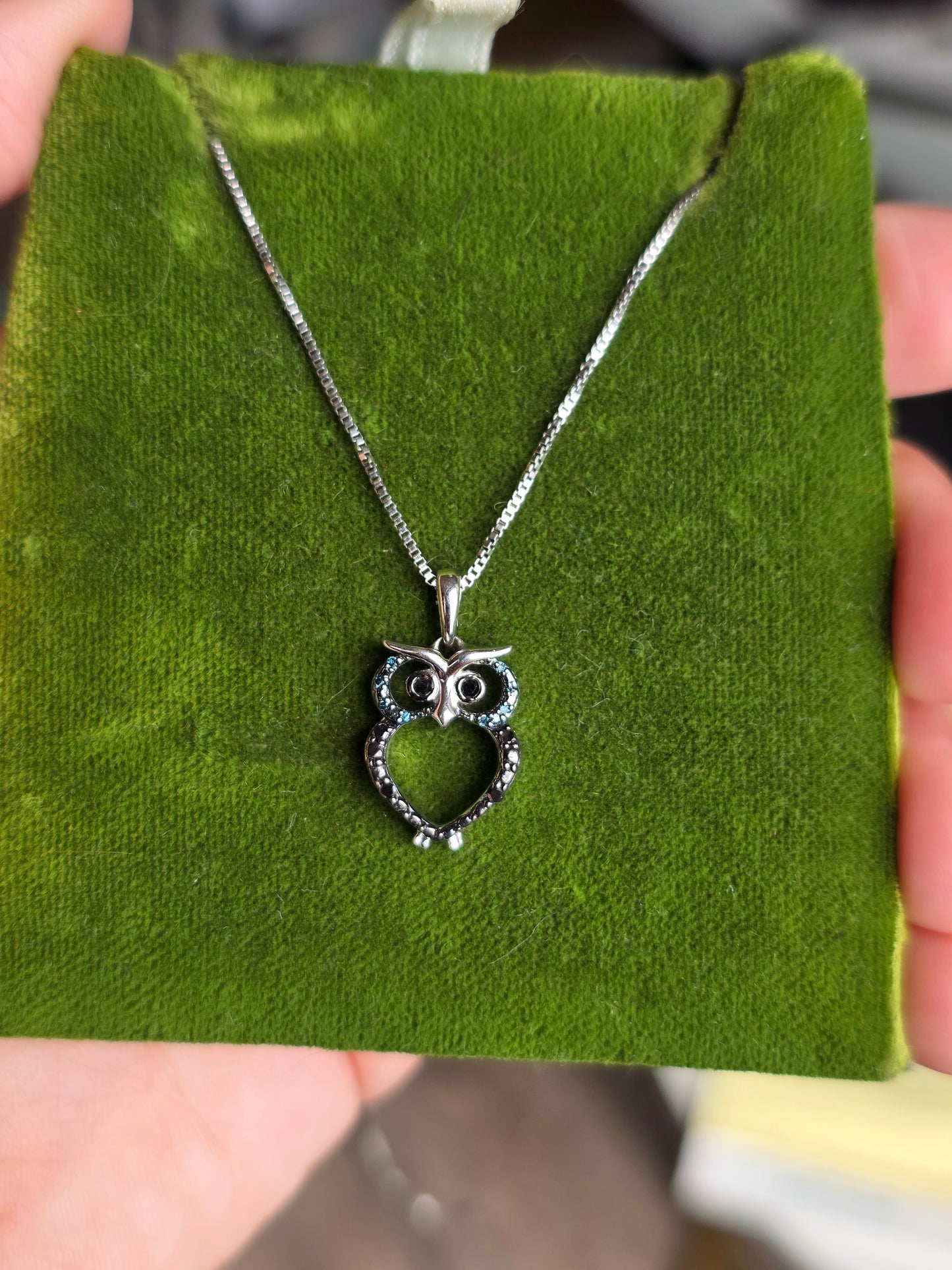 Adorable Black & Blue Diamond Accented Owl Sterling Silver Pendant Necklace 18" Box Chain