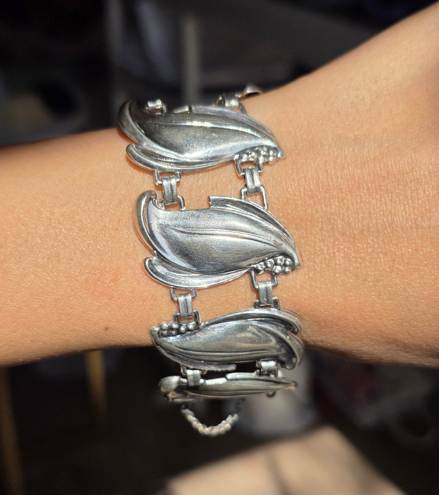 Vintage Sterling Silver Leaf Panel Large Statement Bracelet 6.5"