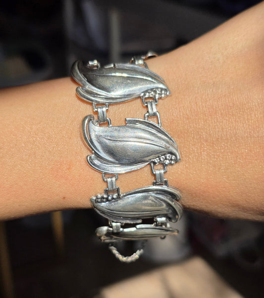 Vintage Sterling Silver Leaf Panel Large Statement Bracelet 6.5"