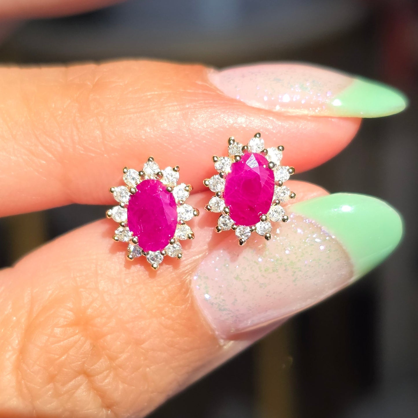 Stunning 10k Gold 1.44TCW Ruby Diamond Halo Studs Earrings