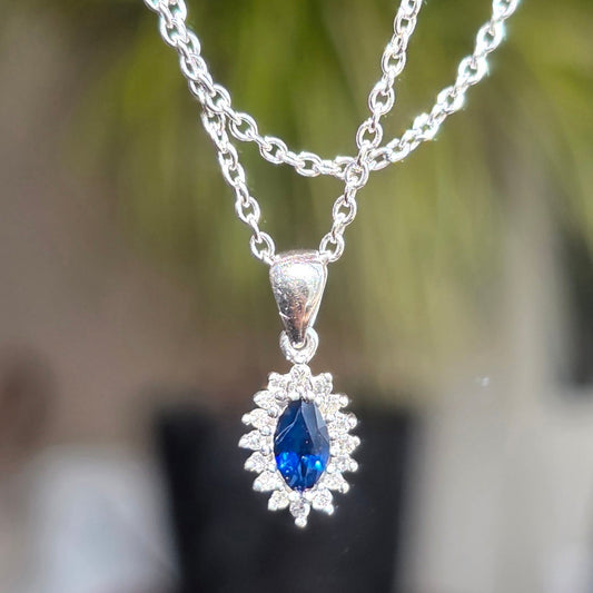 Beautiful Dainty White Gold Sapphire Diamond Pendant With Solid White Gold Cable Link Chain 16" 14k/10k