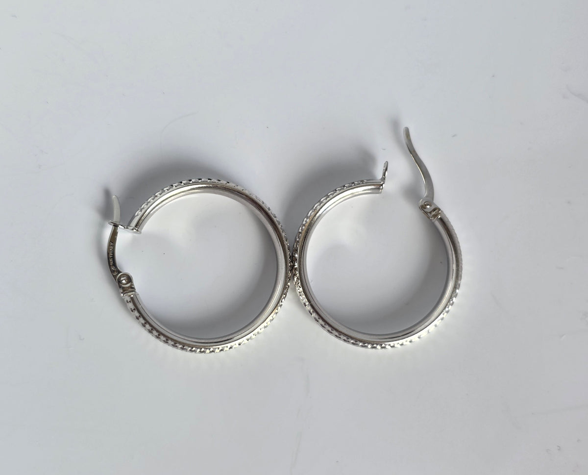 14k White Gold Shimmering Diamond Cut 24mm Hoops