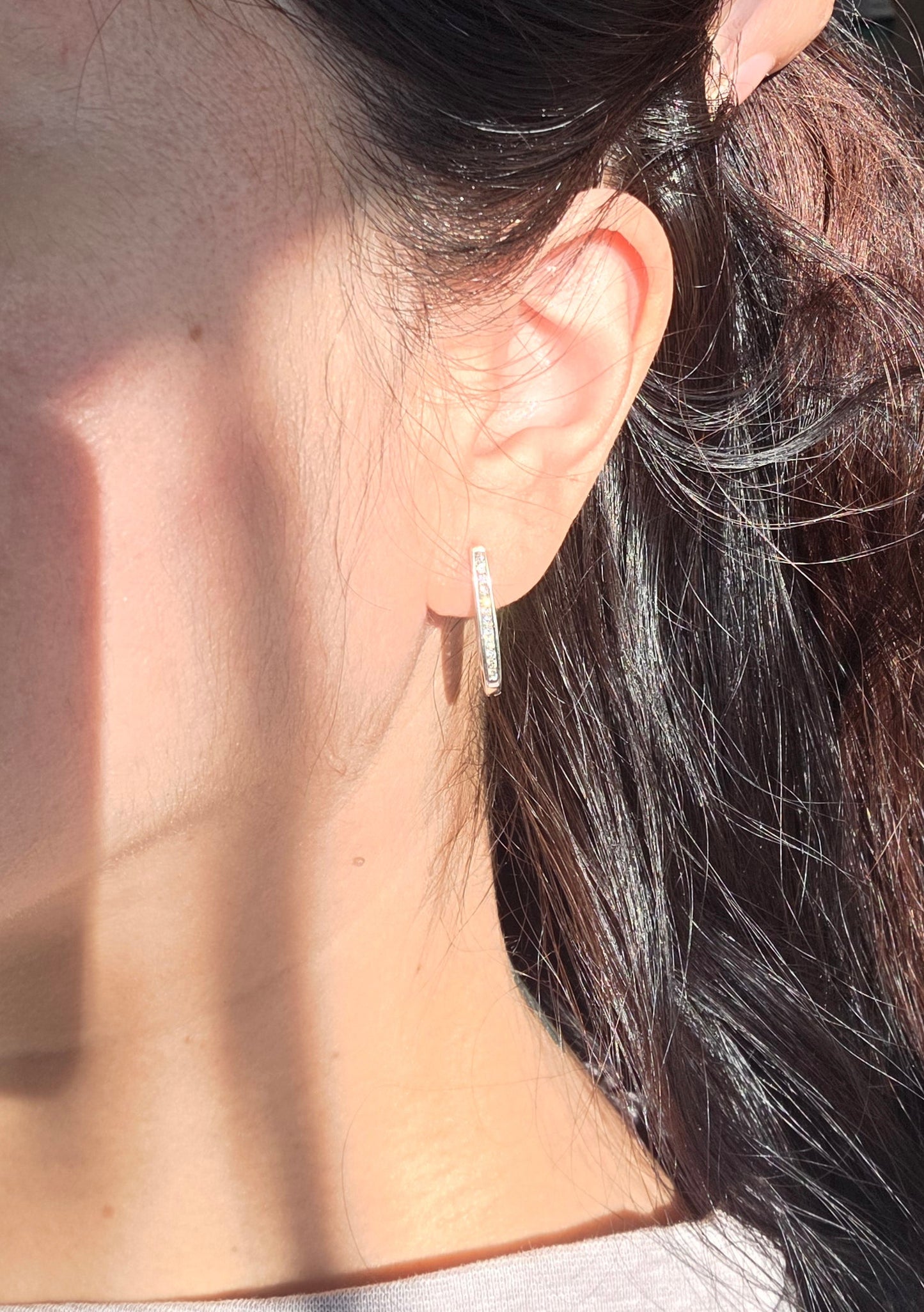 14k White Gold Channel Set Natural Diamond Hoops Earrings