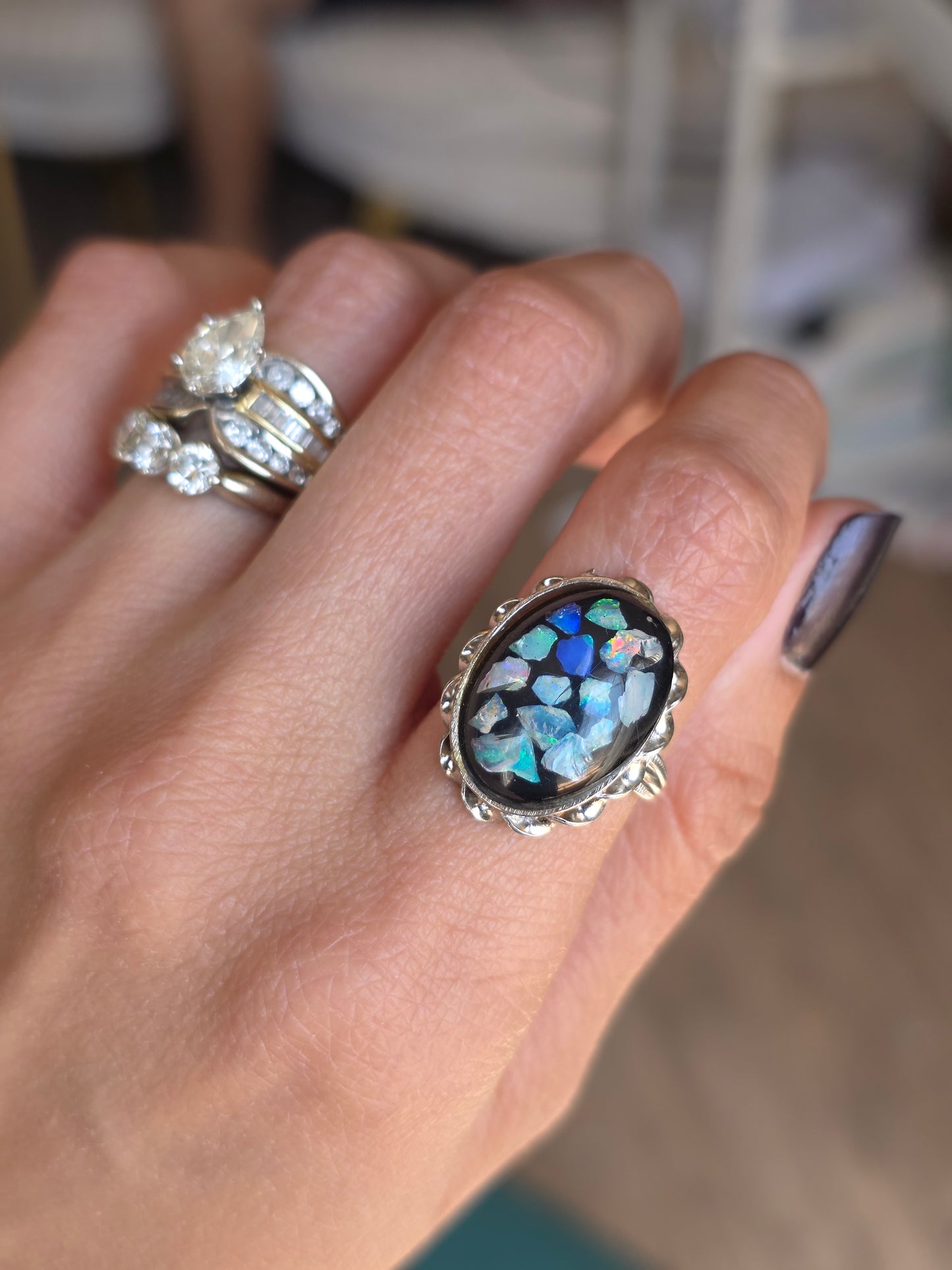 Pretty Sterling Silver Opal Mosaic Oval Statement Ring Size 4.5