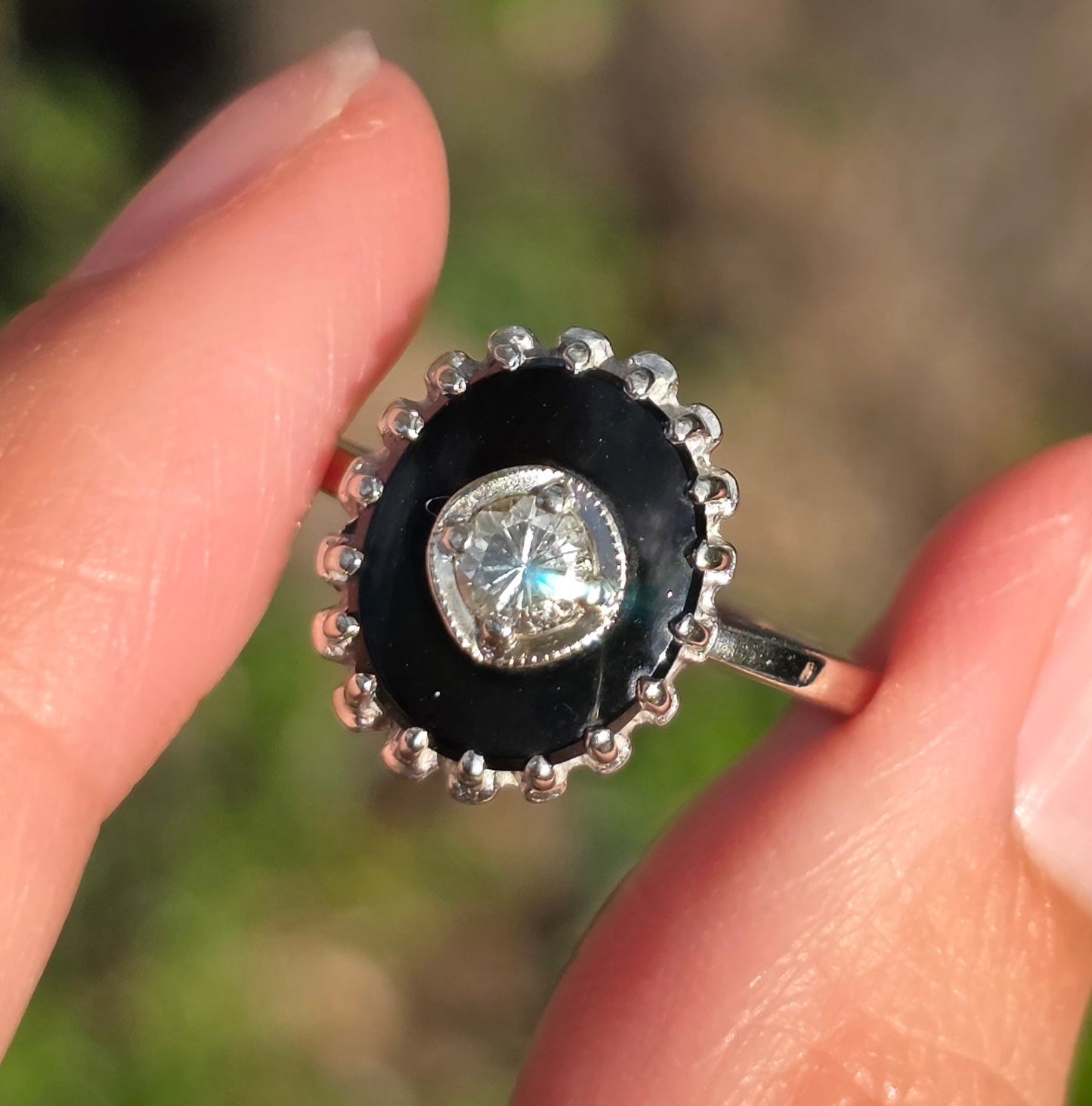Stunning 10k White Gold Black Onyx And Diamond Statement Ring Size 8