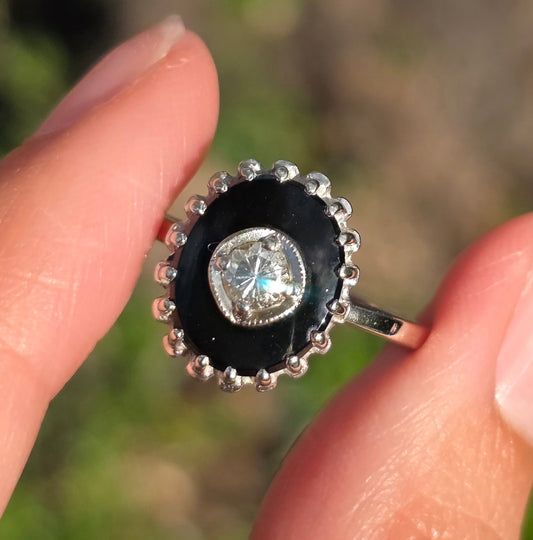 Stunning 10k White Gold Black Onyx And Diamond Statement Ring Size 8