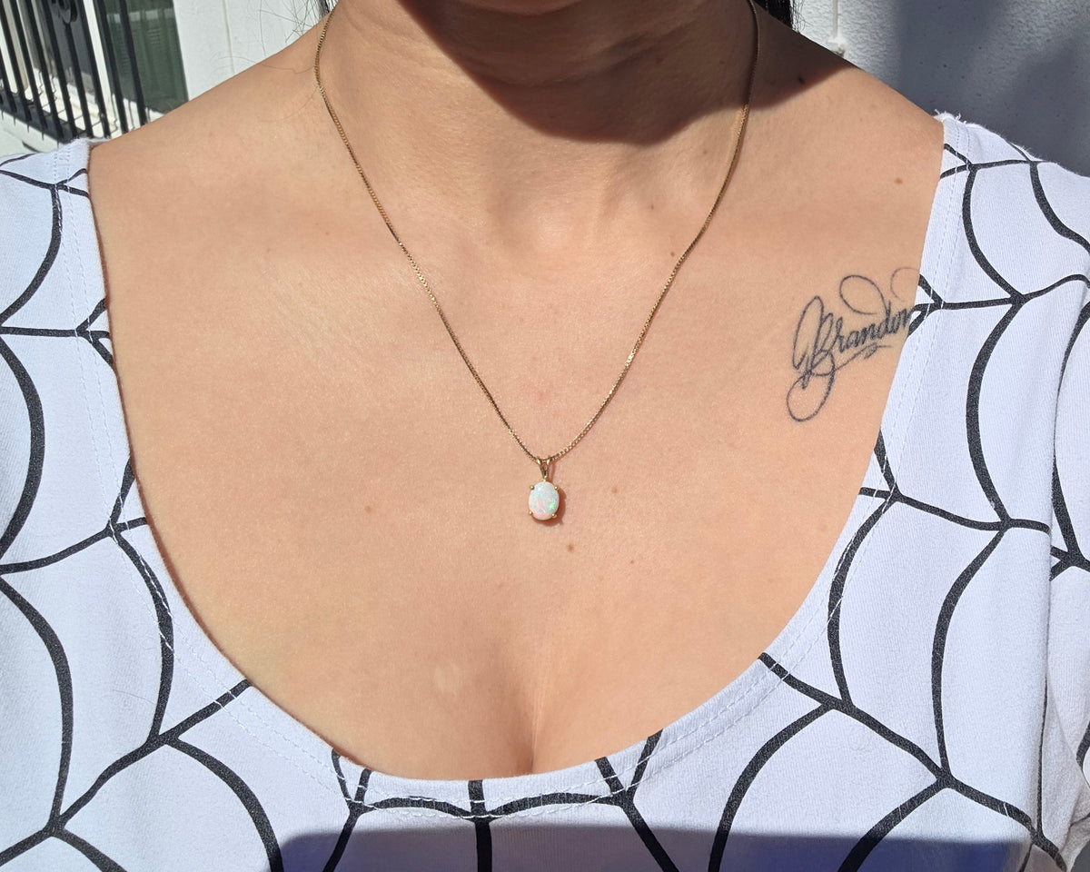 Gorgeous 14k Gold 1.10ctw Oval Opal Solitaire Pendant October Birthstone