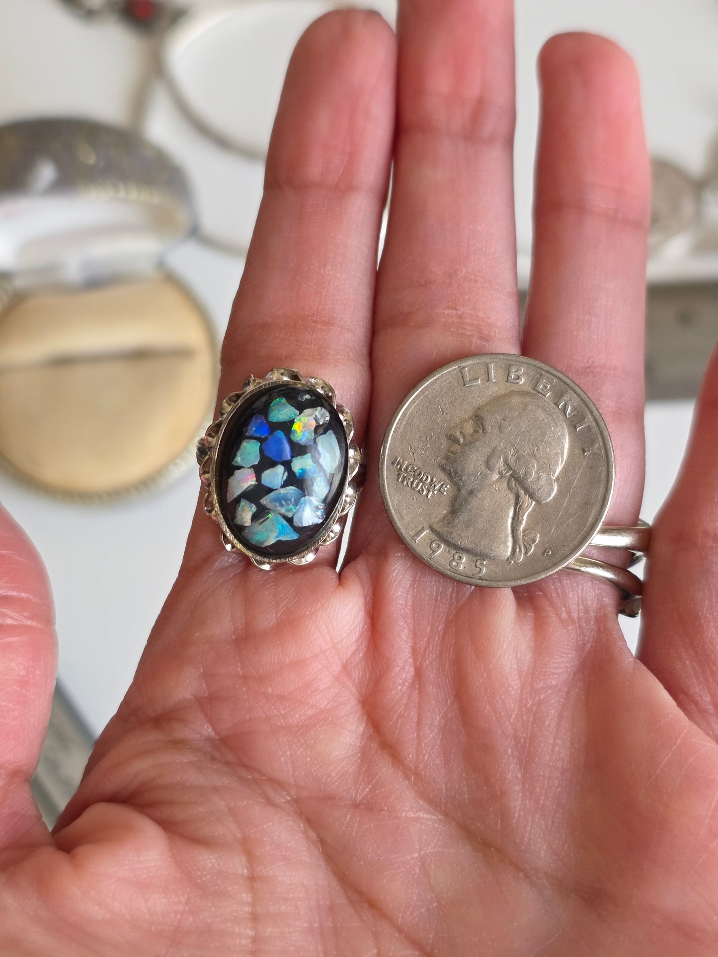 Pretty Sterling Silver Opal Mosaic Oval Statement Ring Size 4.5