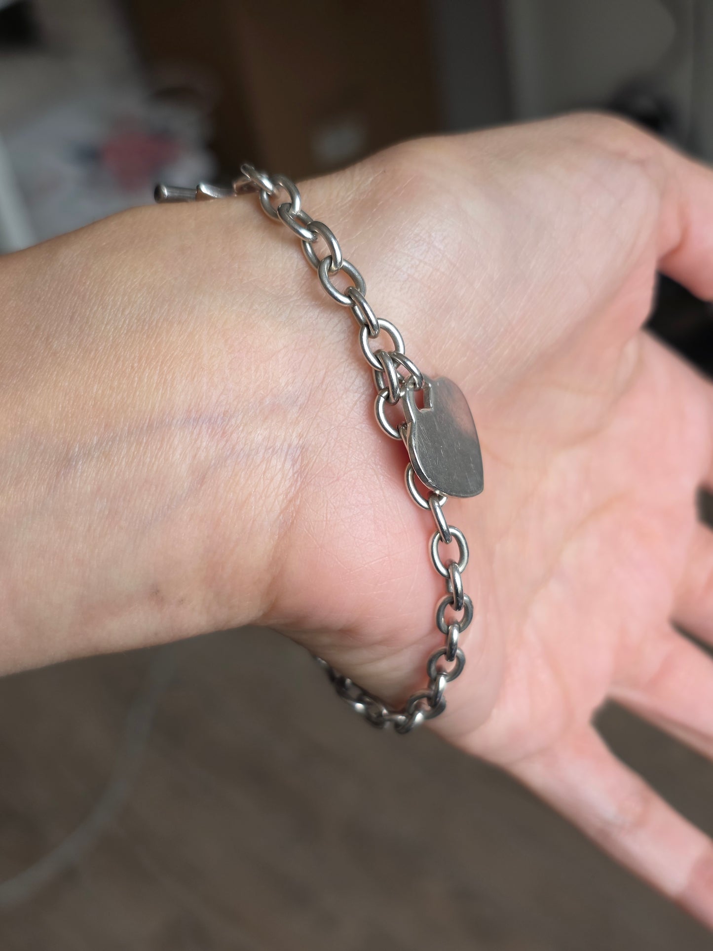 Sterling Silver Heart Tag Rolo Chain Bracelet Toggle Clasp 7.5"